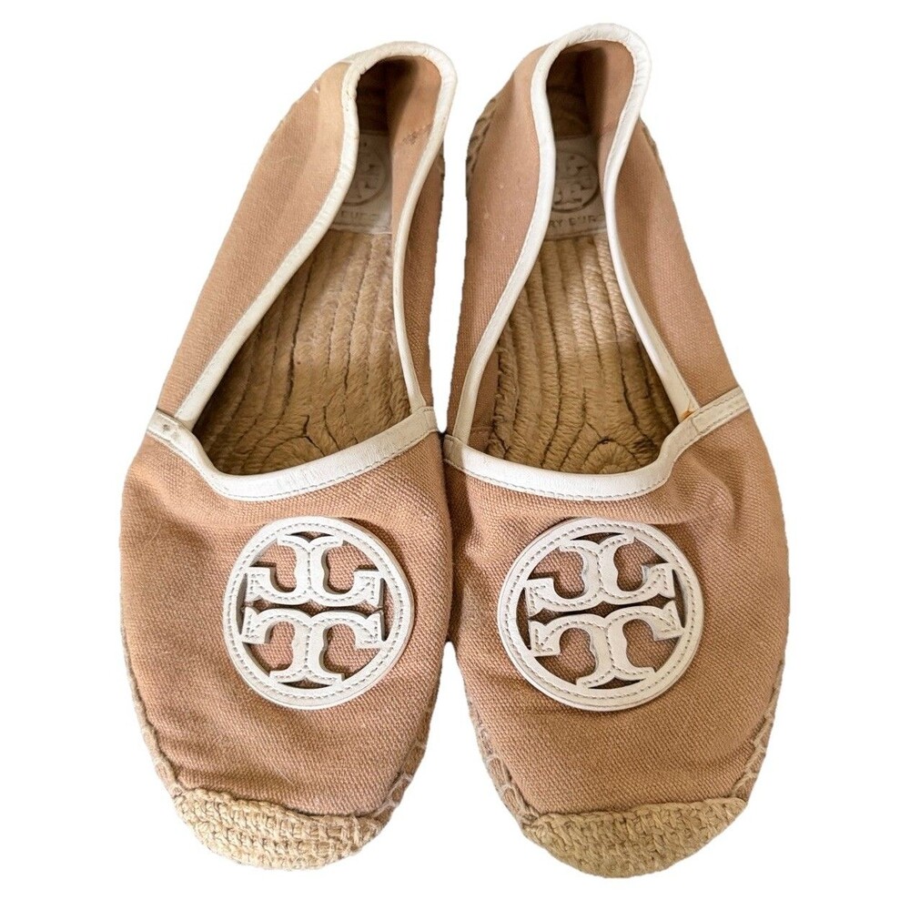 Tory Burch Logo Canvas Espadrille Flat Slip On Shoe Size 8.5 Cream - Picture 2 of 10
